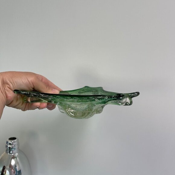 Murano Art Glass Bowl Green Gold Flecks Controlled Bubbles Bullicante MCM - Picture 14 of 15